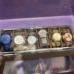 Set of Michael Kors Watches (includes case and Blue Lacoste watch)